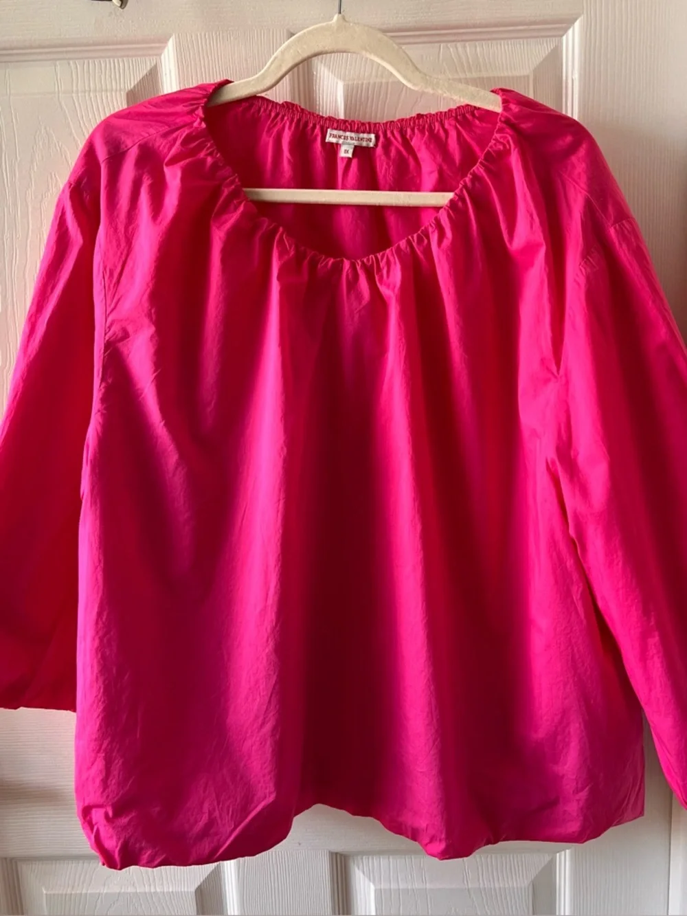 Frances Valentine Emily Ruched Top Pink 1X Cotton Balloon Sleeve Blouse $200+ - Picture 6 of 9